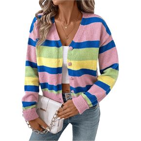 MakeMeChic Women's Striped Cardigan Sweater Long Sleeve Button Down Knitted Outerwear in Saudi Arabia