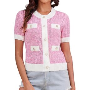 Arssm Women's Short Sleeve Cardigan Sweaters Button Down Crew Neck Knit Summer Blouses Cropped Lightweight Shirt Tops