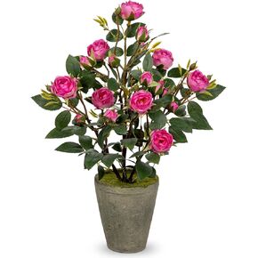 Artificial Flower Plants Camellia Pink Roses Faux Potted Plant with Cement Pot Fake Silk Flower Rose Camellias Flower Arrangement Office Home Decor Bathroom Shelf Desk Decoration 15 Inch
