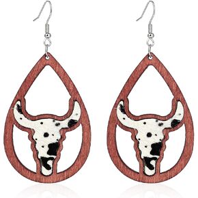 Western Cowgirl Earrings Cow Cattle Head Leather Dangle Earrings Bohemian Vintage Handmade Turquoise Animal Print Earrings
