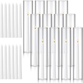 12 Pcs 2.5"W x 14"H Hurricane Candle Holders Set, Open Ended Clear Glass Hurricane Candleholders with 12 Pcs Taper Candles, Hurricane Candle Tubes, Bottomless Cylinder Candle Holder for Candles