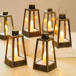 Romadedi Mini Decorative Lantern for Centerpieces - 10 Pcs Gold Vintage Candle Lanterns with Flickering LED Candles for Wedding Table Halloween Christmas Party Decor, Battery Included
