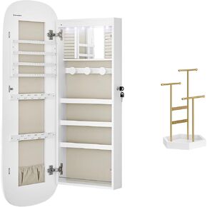 SONGMICS LED Jewelry Cabinet Bundle with Jewelry Holder, Wall or Door Mounted, 4 Independent Zones, Interior Mirror, for Rings, Gift Idea, White and Gold UJJC026W01 and UJJS003A01