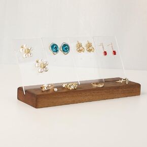 GemeShou walnut acrylic earring stands and displays for shows, wooden earring stud holders for selling, small jewelry display stands for women【Walnut stand with 4pcs acrylic studs cards】