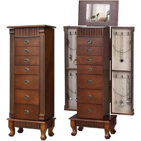 Jewelry Cabinet Armoire Freestanding with Top Mirror, Wooden Jewelry Cabinet w/ 7 Drawers, 2 Swing Doors, 12 Necklace Hooks, Makeup Mirror and Top Divided Storage Organizer, Large Capacity