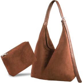 Brown Suede Bags for Women - 2024 New Adjustable Strap Brown Suede Hobo Tote Tote Handbag, Fall Suede Purse with Pouch