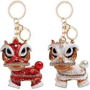 2Pcs Creative Chinese Style Car Key Chain Pendant Dragon Shaped Artificial Diamond Car Key Ring Red White