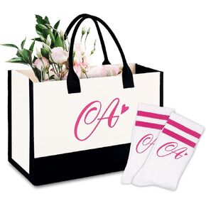 Women’s Gift Set-Initial Tote Bag & Socks, Favors for Christmas, Birthday, Wedding Gifts, etc.