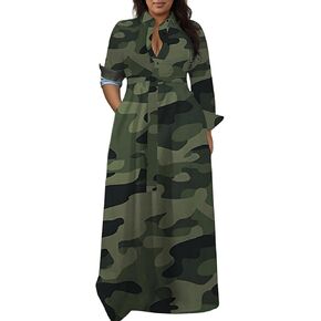 Plus Size Camo Maxi Dress for Women Stretchy V Neck Button Belt A-Line African Outfits with Pockets S-5XL