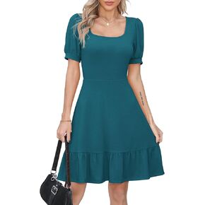 Missufe Women's Summer Puff Short Sleeve Square Neck Ruffle Swing Fit and Flared Dress in Kuwait
