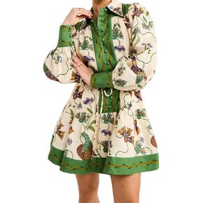 Qikaka Women's Long Puff Sleeve Lapel V Neck Button Printed Bodycon Sexy Nightclub Party Holiday Dress