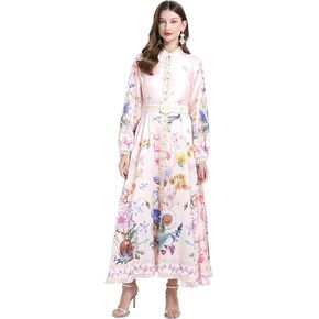 LAI MENG FIVE CATS Women's Floral Print Puff Sleeve Button Up Split Party Flowy Maxi Dress