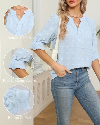 RGOSME Women Long 3/4 Sleeve Blouses Business Casual Work Tunic Tops V Neck Henley Shirts S-XXL in Saudi Arabia