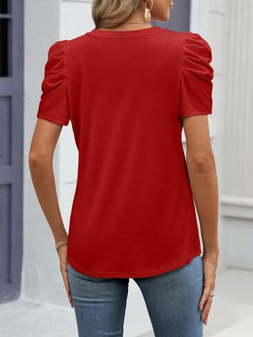 ATHMILE Womens Summer Shirt V Neck Casual Tshirts Puff Sleeve Tops for Women Trendy 2025 Tunic Solid Color in Kuwait