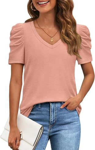 ATHMILE Womens Summer Shirt V Neck Casual Tshirts Puff Sleeve Tops for Women Trendy 2025 Tunic Solid Color in Kuwait