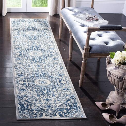 SAFAVIEH Brentwood Collection 2' x 8' Cream/Blue BNT816D Oriental Medallion Non-Shedding Living Room Entryway Foyer Hallway Bedroom Runner Rug in Saudi Arabia