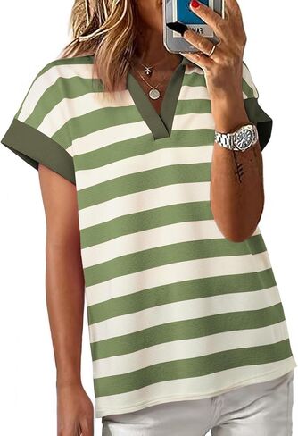 SHEWIN Womens Summer Tops Casual Short Sleeve Sweatshirt Color Block Striped Polo Shirts V Neck Pullover Tees Loose Blouses in Kuwait