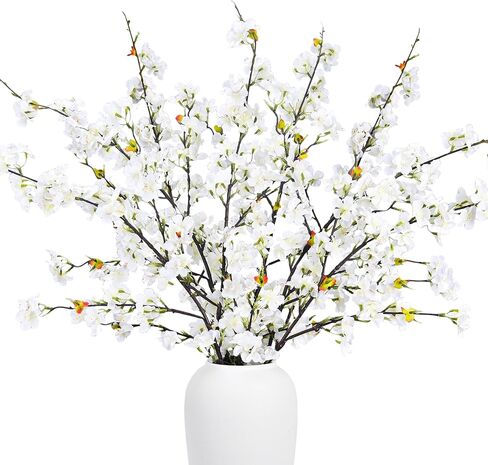 6pcs Faux Cherry Blossom Branches Cherry Blossom Decor Artificial Cherry Blossom Flowers with Long Stems for Tall Vases Home Decoration, Wedding Kitchen Decoration (White) in Saudi Arabia