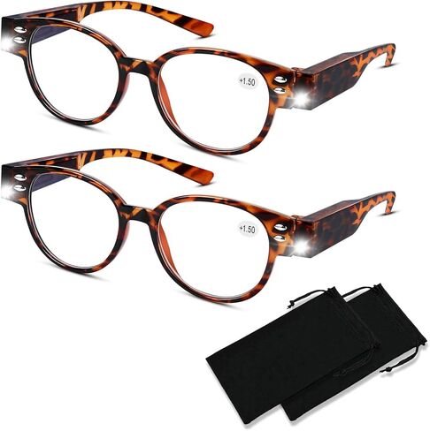 2 حزمة من النظارات المكبرة مع نظارات القراءة الخفيفة مع أضواء LED الساطعة للقراء نظارات القراءة المضاءة نظارات حجب الضوء الأزرق المكبر للقارئ الليلي للنساء والرجال نظارات مضاءة + 200 in Kuwait
