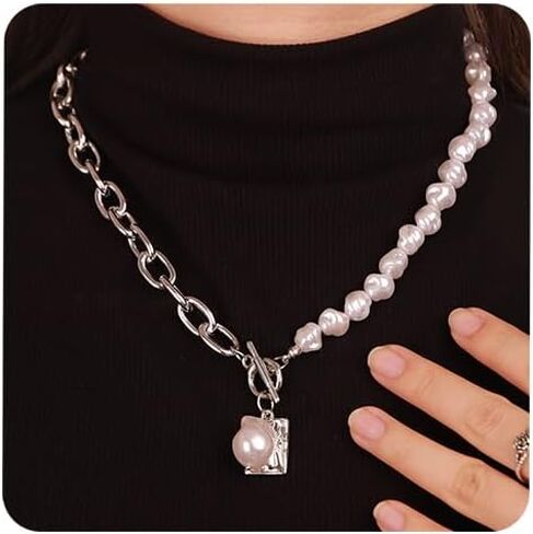 Aimimier Punk Cable Link Chain Baroque Pearl Choker Necklace OT Toggle Clasp Dog Tag Pearl Pendant Necklace Fashion Costume Accessories for Women in Kuwait