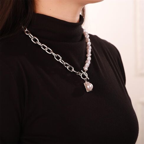Aimimier Punk Cable Link Chain Baroque Pearl Choker Necklace OT Toggle Clasp Dog Tag Pearl Pendant Necklace Fashion Costume Accessories for Women in Kuwait