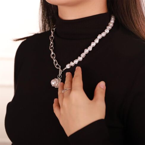 Aimimier Punk Cable Link Chain Baroque Pearl Choker Necklace OT Toggle Clasp Dog Tag Pearl Pendant Necklace Fashion Costume Accessories for Women in Kuwait