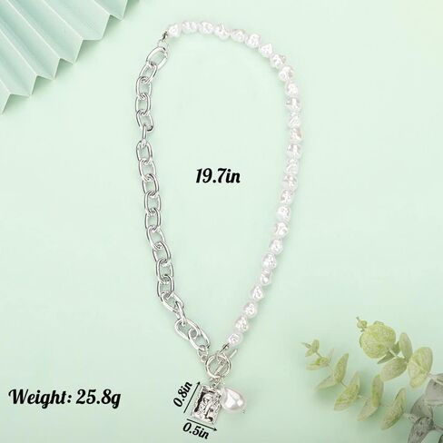 Aimimier Punk Cable Link Chain Baroque Pearl Choker Necklace OT Toggle Clasp Dog Tag Pearl Pendant Necklace Fashion Costume Accessories for Women in Kuwait