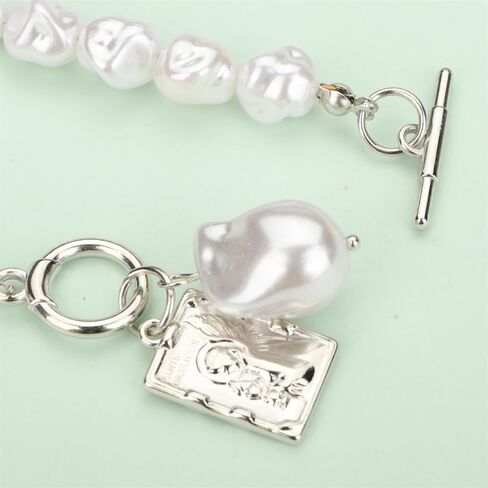 Aimimier Punk Cable Link Chain Baroque Pearl Choker Necklace OT Toggle Clasp Dog Tag Pearl Pendant Necklace Fashion Costume Accessories for Women in Kuwait