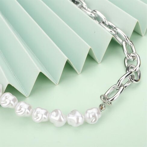 Aimimier Punk Cable Link Chain Baroque Pearl Choker Necklace OT Toggle Clasp Dog Tag Pearl Pendant Necklace Fashion Costume Accessories for Women in Kuwait