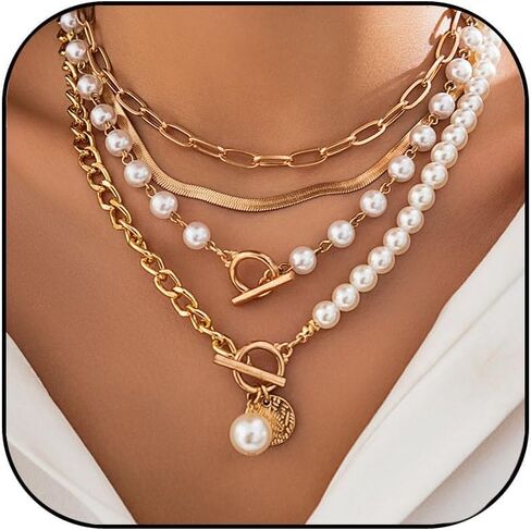 4Pcs Layered Gold Necklace for Women Chunky Gold Necklace Stack Paperclip Chain Pearl Necklace Snake Chain Choker Necklace Trendy Jewelry in Saudi Arabia