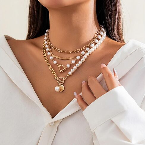 4Pcs Layered Gold Necklace for Women Chunky Gold Necklace Stack Paperclip Chain Pearl Necklace Snake Chain Choker Necklace Trendy Jewelry in Saudi Arabia