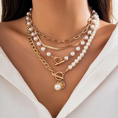 4Pcs Layered Gold Necklace for Women Chunky Gold Necklace Stack Paperclip Chain Pearl Necklace Snake Chain Choker Necklace Trendy Jewelry in Saudi Arabia