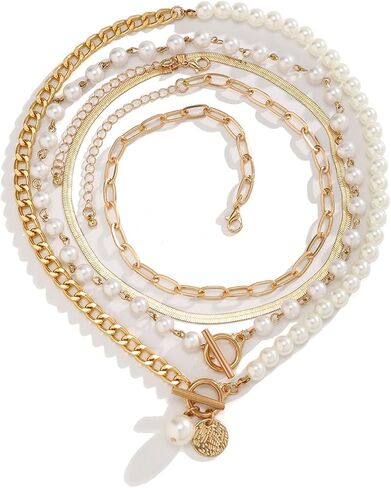 4Pcs Layered Gold Necklace for Women Chunky Gold Necklace Stack Paperclip Chain Pearl Necklace Snake Chain Choker Necklace Trendy Jewelry in Saudi Arabia
