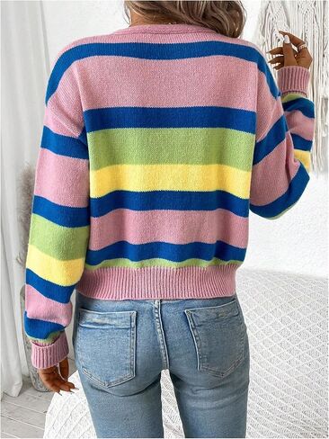 MakeMeChic Women's Striped Cardigan Sweater Long Sleeve Button Down Knitted Outerwear in Saudi Arabia