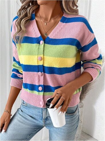 MakeMeChic Women's Striped Cardigan Sweater Long Sleeve Button Down Knitted Outerwear in Saudi Arabia