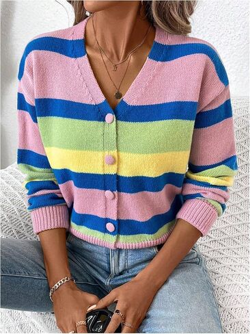 MakeMeChic Women's Striped Cardigan Sweater Long Sleeve Button Down Knitted Outerwear in Saudi Arabia