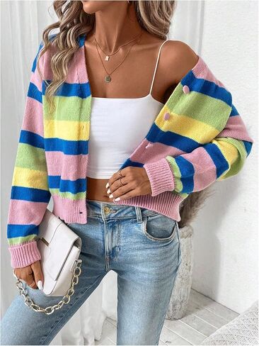 MakeMeChic Women's Striped Cardigan Sweater Long Sleeve Button Down Knitted Outerwear in Saudi Arabia