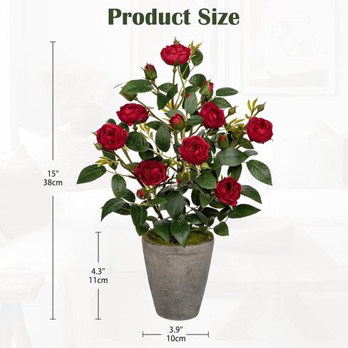 Artificial Flower Plants Camellia Pink Roses Faux Potted Plant with Cement Pot Fake Silk Flower Rose Camellias Flower Arrangement Office Home Decor Bathroom Shelf Desk Decoration 15 Inch in Kuwait