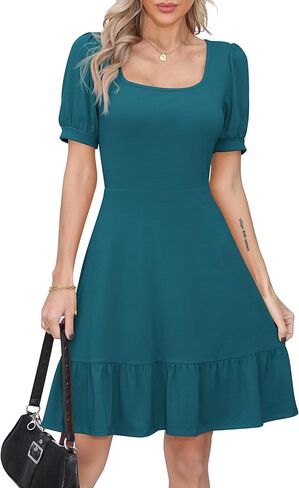 Missufe Women's Summer Puff Short Sleeve Square Neck Ruffle Swing Fit and Flared Dress in Kuwait