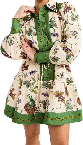 Qikaka Women's Long Puff Sleeve Lapel V Neck Button Printed Bodycon Sexy Nightclub Party Holiday Dress in Saudi Arabia