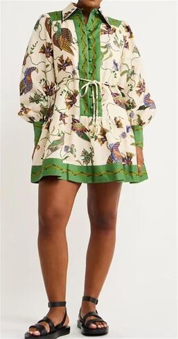 Qikaka Women's Long Puff Sleeve Lapel V Neck Button Printed Bodycon Sexy Nightclub Party Holiday Dress in Saudi Arabia