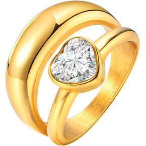 18K Gold Plated Heart Double Layers Rings for Women, Stainless Steel Cubic Zirconia Love Eternity Rings Wedding Band Jewelry, Size 6-9