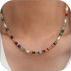 Colorful Beaded Gemstone Neckelace for Women Natural Stone Freshwater Pearl Necklace Colorful Rainbow Boho Bead Choker Necklace Charm Jewelry