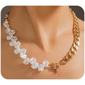 Wiwpar Fashion Chunky Cuban Chain Necklace Stitching Clavicle Chain Baroque Pearl Choker Necklace for Women