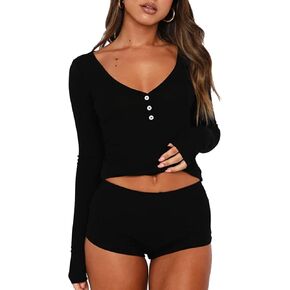 Cioatin Women 2 Piece Ribbed Knit Pajama Set Long Sleeve Button Crop Top and Shorts Lounge Sweatsuits Sleepwear PJ Set