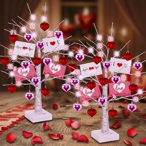 2 LED Lighted Birch Tree with Timer,32 Heart Ornaments & 8 Valentine Cards- Perfect Valentines Day Decor & Gifts | Valentine Tree Lights & Decorations for Home, Ideal Valentines Day Decorations