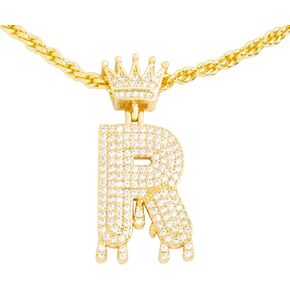 Gold Initial Letter Necklace for Women Men Iced Out Diamond Crown Letter A-Z Pendant Necklace with 24“ Rope Chain Hip Hop Jewelry