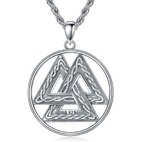 Viking Valknut Necklace 925 Sterling Silver Triangle Odin Knot Pendant Nordic Norse Talisman Jewelry for Men Women, w/Stainless Steel Chain 22+2