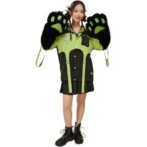 Women's Motorcycle Cat Hooded Crop Top and Skirt with Straps and Detachable Furry Paw Gloves Outfit