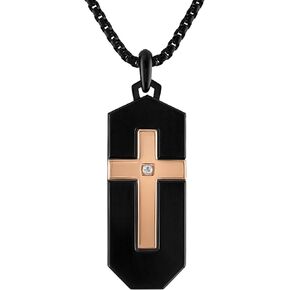 Bulova Jewelry Men's Latin Grammy Black and Rose Stainless Steel, Cross Inlay with Diamond Accent Dog Tag Pendant, Round Box Link Chain Necklace,Length 24"-26" Style: BVC1076-B4STQ7